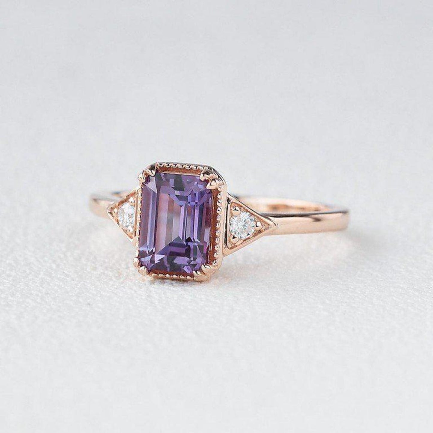 Vintage-Inspired Emerald Cut Amethyst Three-Stone Engagement Ring
