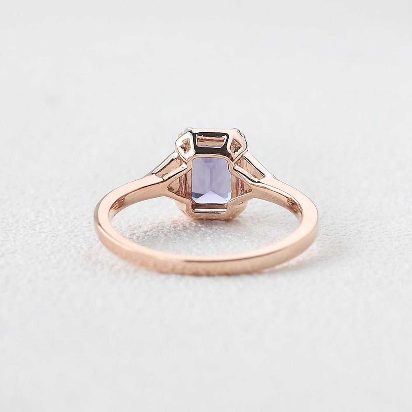 Vintage-Inspired Emerald Cut Amethyst Three-Stone Engagement Ring