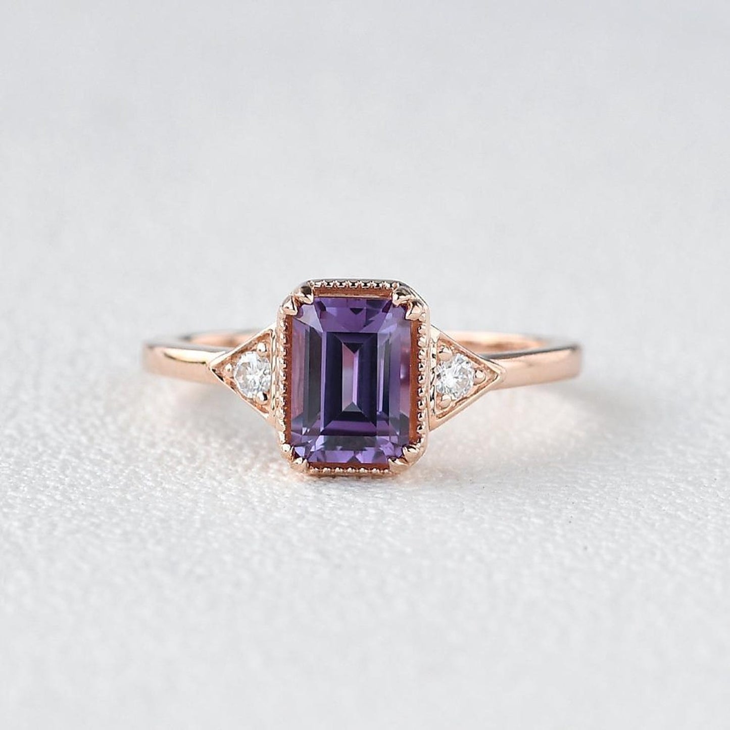Vintage-Inspired Emerald Cut Amethyst Three-Stone Engagement Ring
