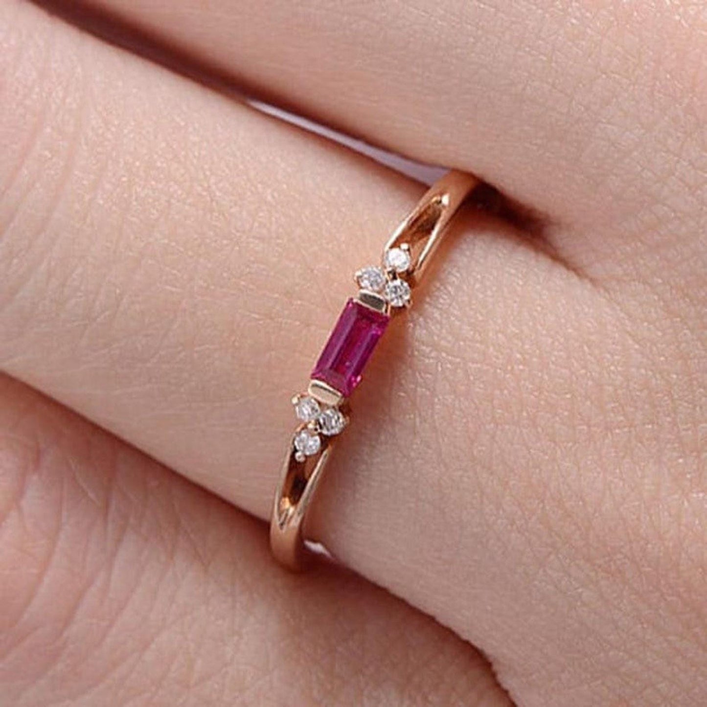Minimalist Baguette Ruby with Side Round Moissanite Wedding Band