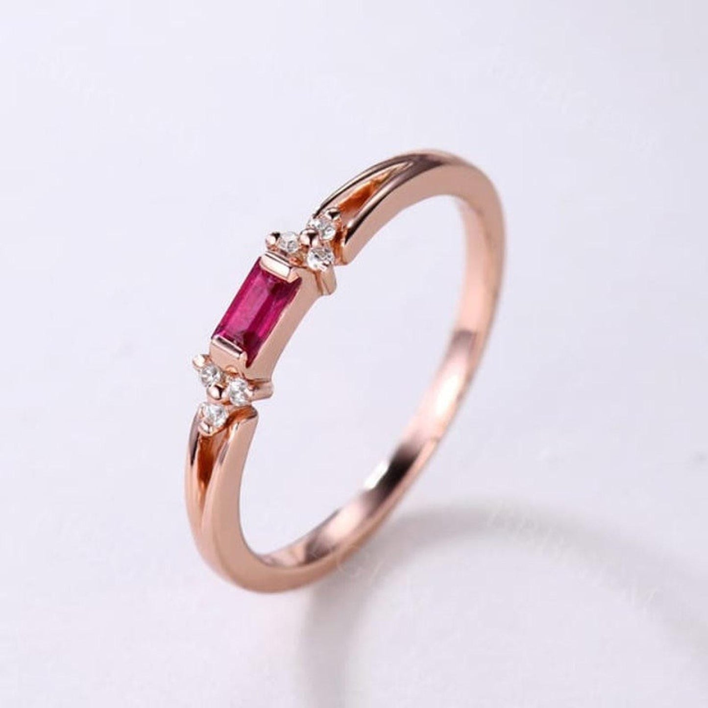 Minimalist Baguette Ruby with Side Round Moissanite Wedding Band
