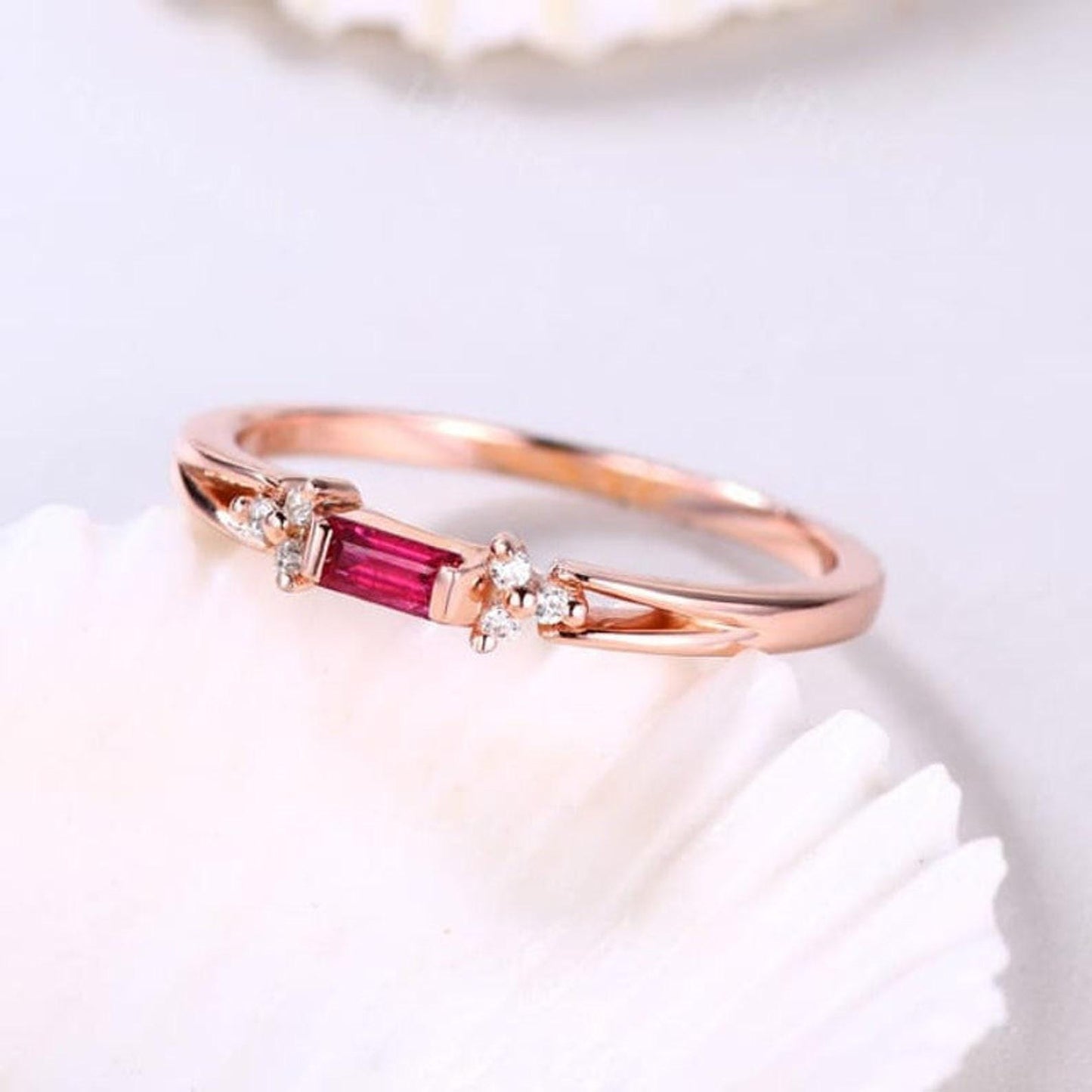 Minimalist Baguette Ruby with Side Round Moissanite Wedding Band