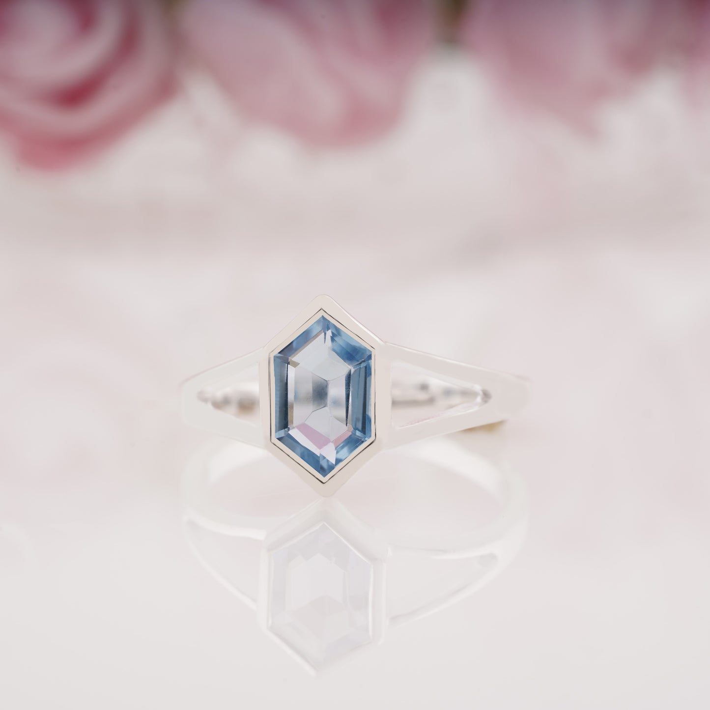 Unique Hexagon Cut Aquamarine Engagement Ring