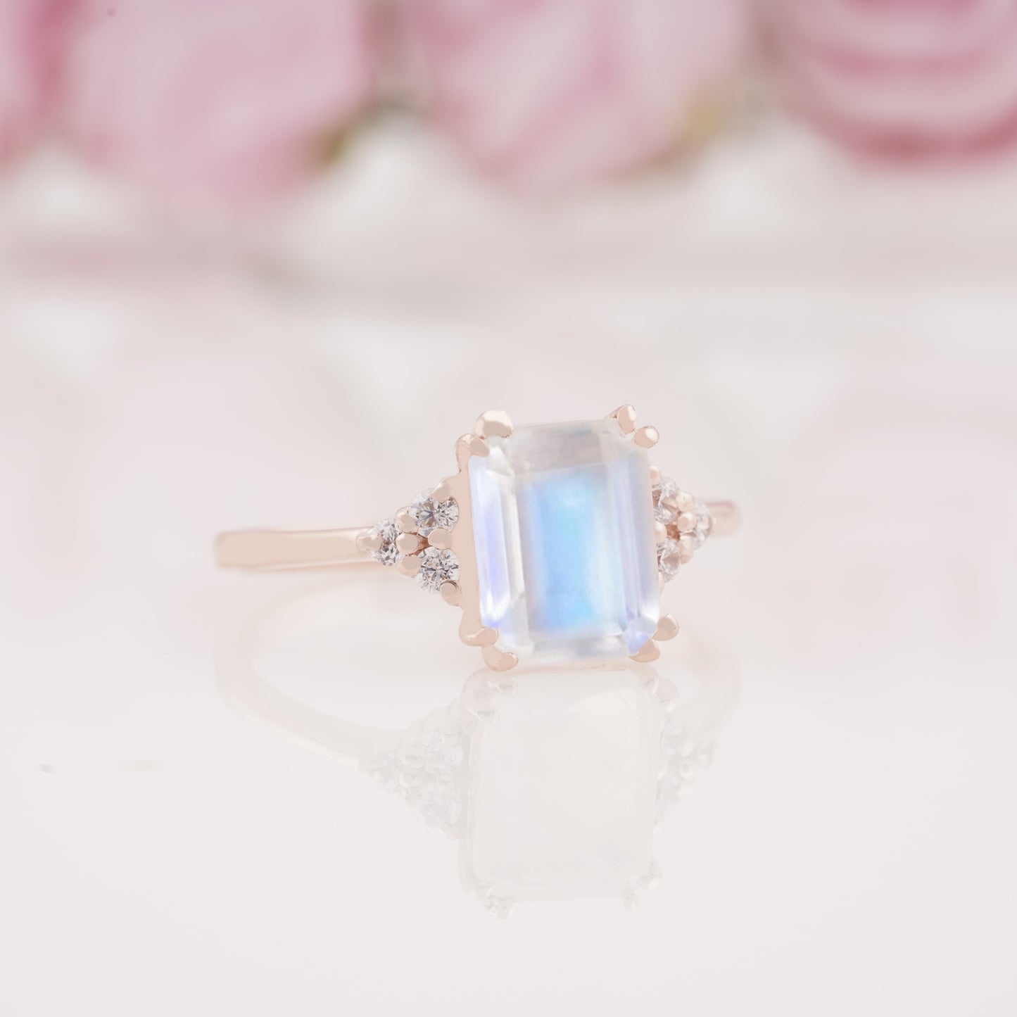 Emerald Cut Lab Grown Moonstone and Side Moissanite Engagement Ring