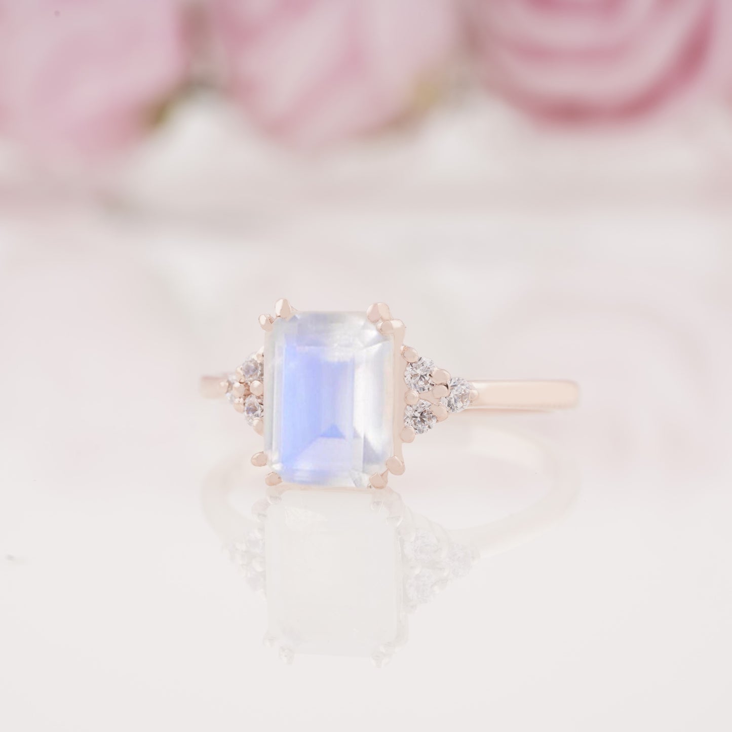 Emerald Cut Lab Grown Moonstone and Side Moissanite Engagement Ring