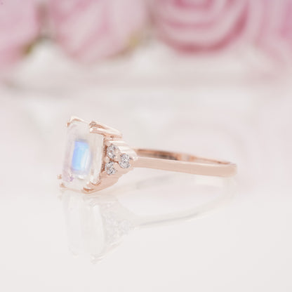 Emerald Cut Lab Grown Moonstone and Side Moissanite Engagement Ring
