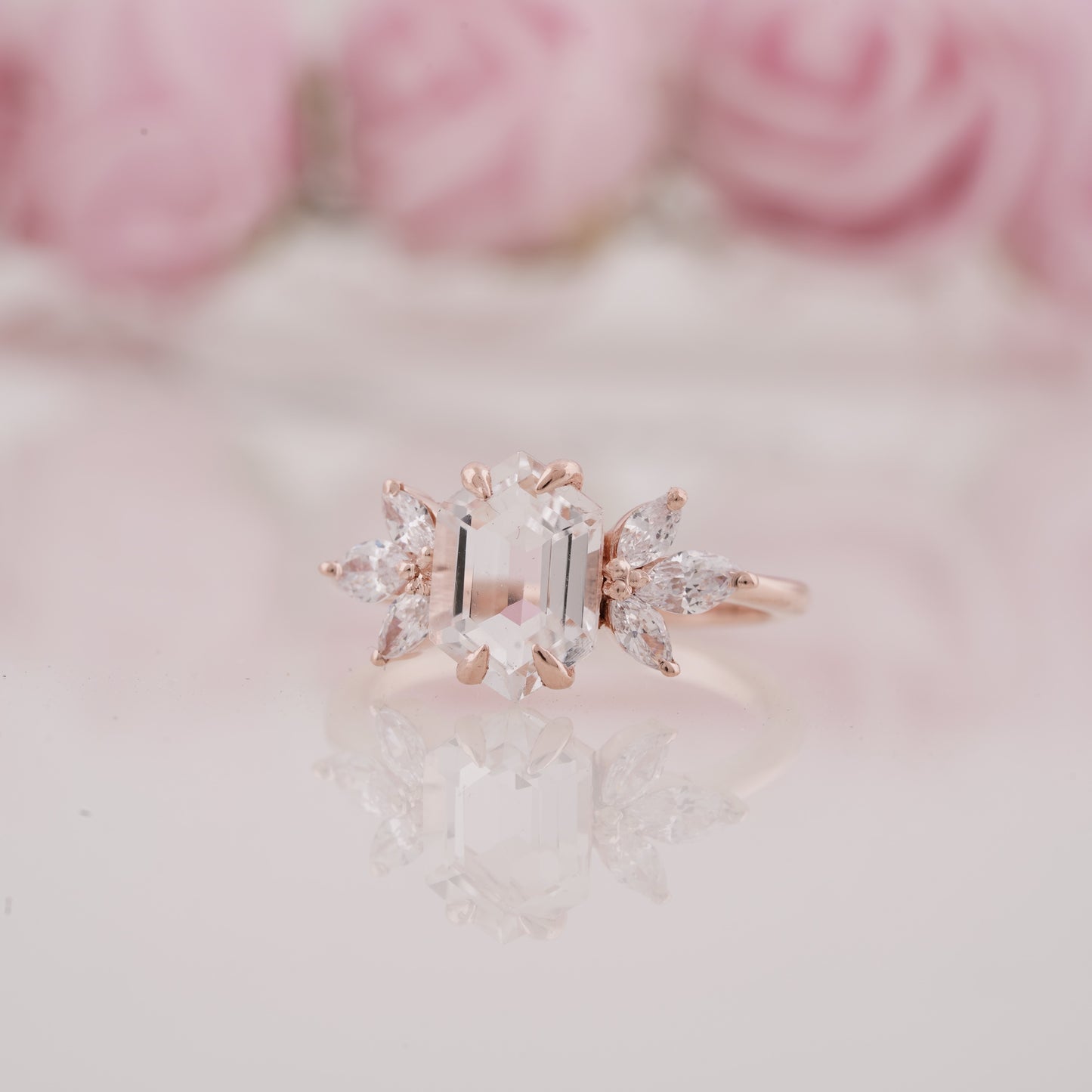 Hexagon Cut Moissanite And Side Marquise Engagement Ring