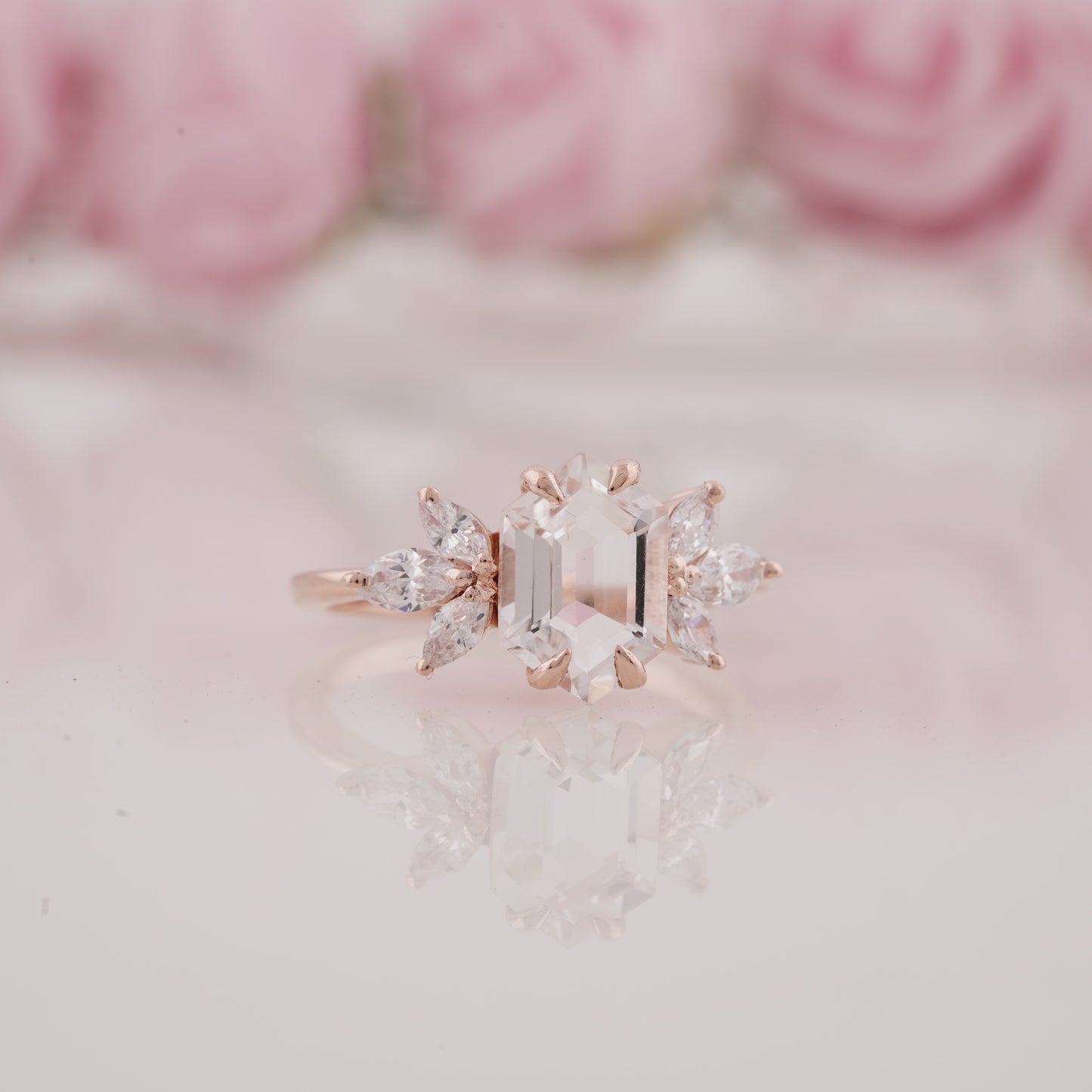 Hexagon Cut Moissanite And Side Marquise Engagement Ring