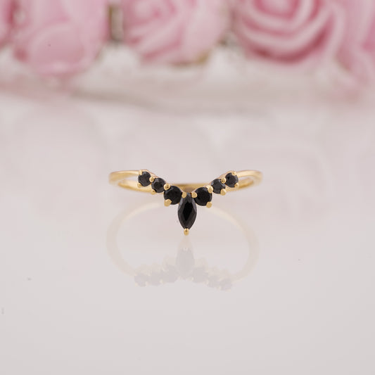 Marquise Cut Black Onyx Stackable Curved Wedding Band