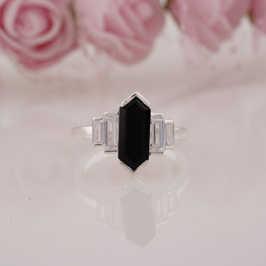 Hexagon Cut Onyx and Side Baguette Moissanite Five Stone Engagement Ring