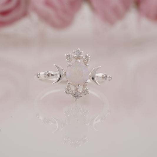 Round Cut Fire Opal And Moissanite Moon Crescent Engagement Ring