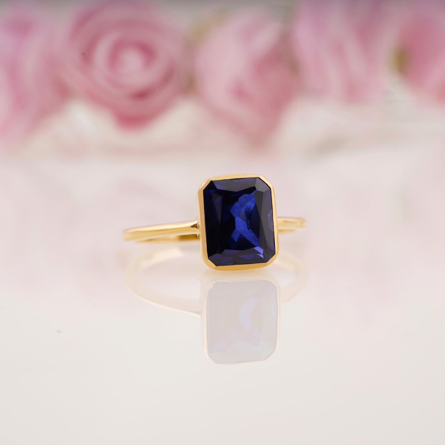 Dainty Emerald Cut Blue Sapphire Solitaire Engagement Ring For Women.