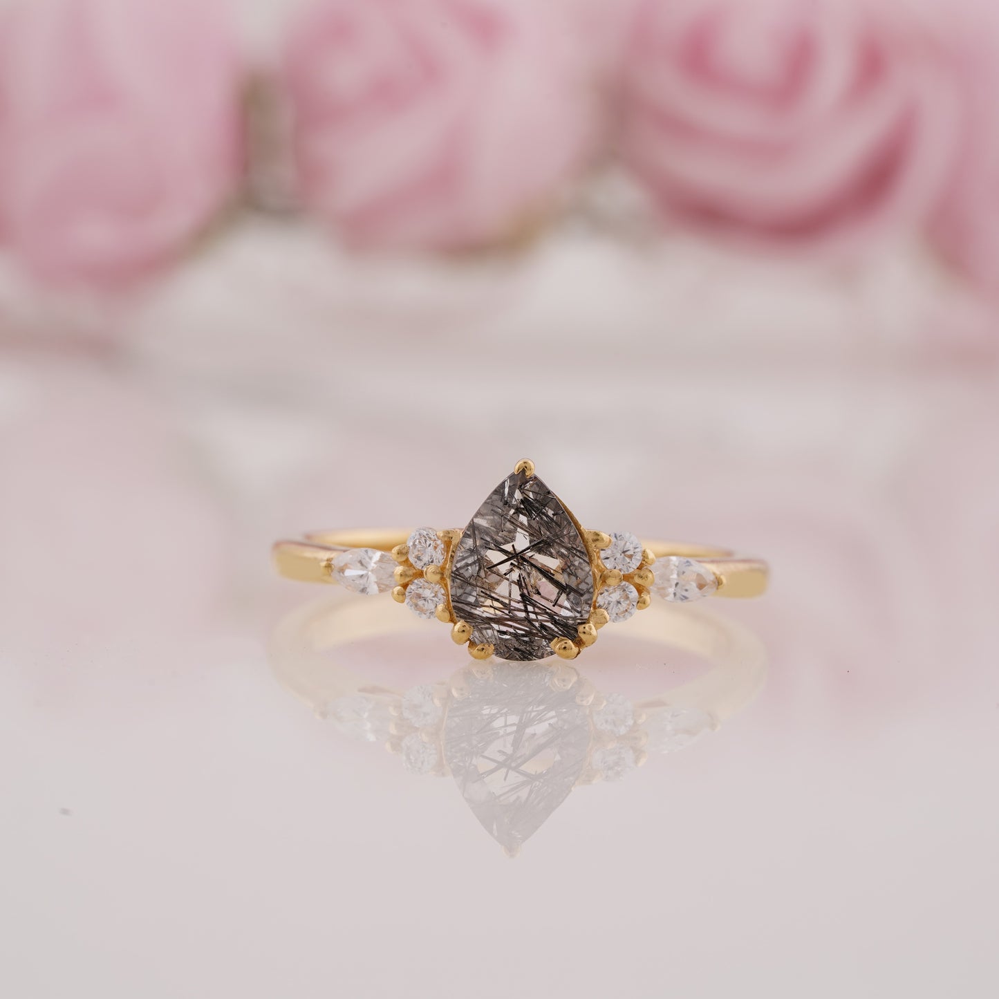 1.5 Carat Pear Lab Grown Rutilated Quartz Engagement Ring