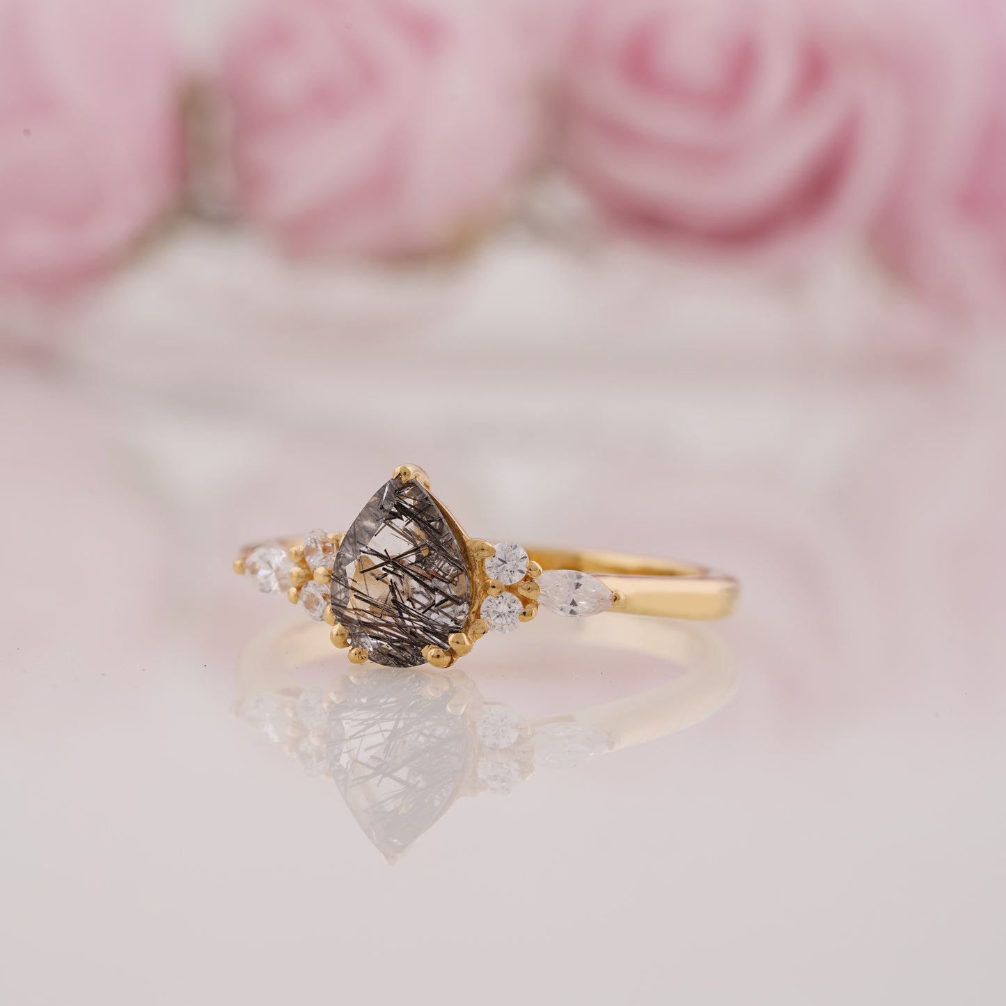 1.5 Carat Pear Lab Grown Rutilated Quartz Engagement Ring