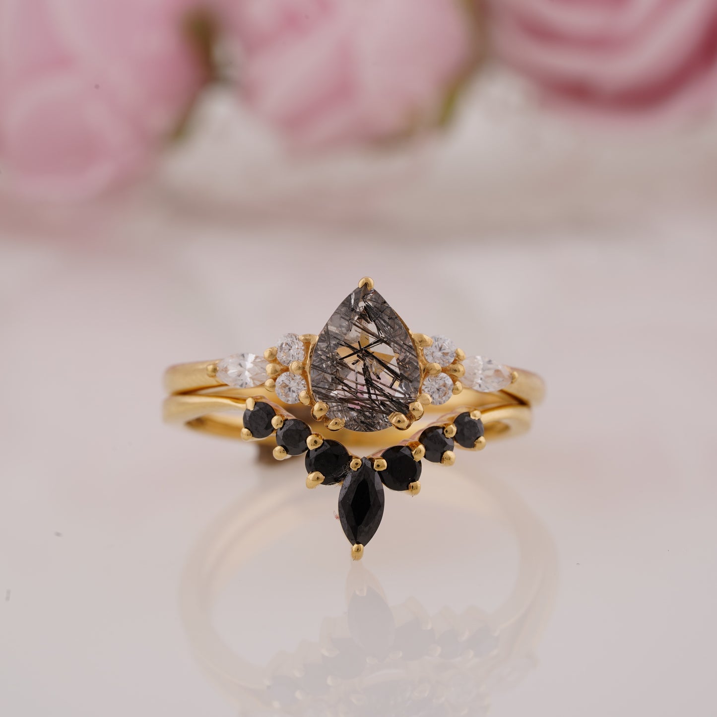 1.2CT Pear Shaped Lab Grown Rutilated Engagement Ring Set