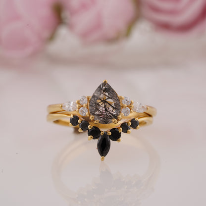 1.2CT Pear Shaped Lab Grown Rutilated Engagement Ring Set