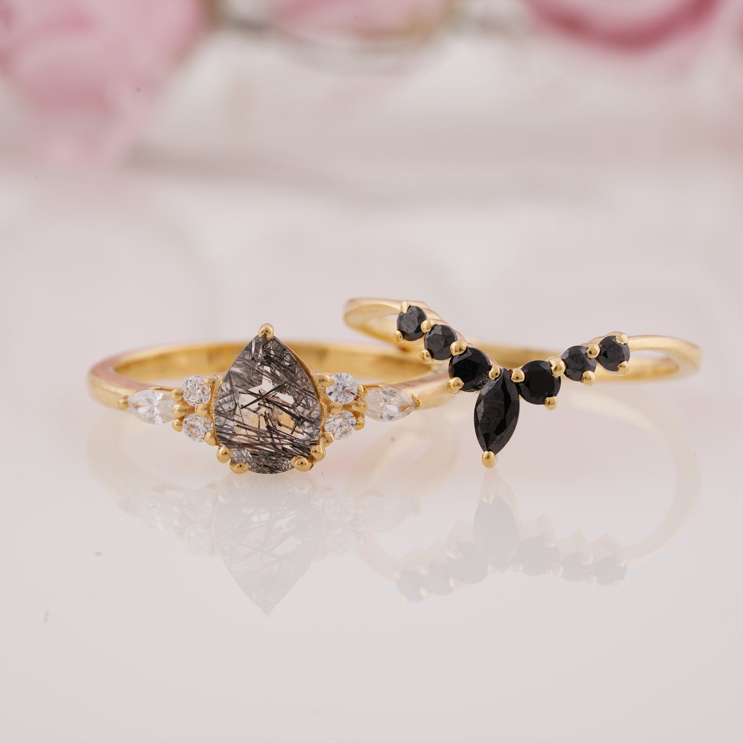 1.2CT Pear Shaped Lab Grown Rutilated Engagement Ring Set