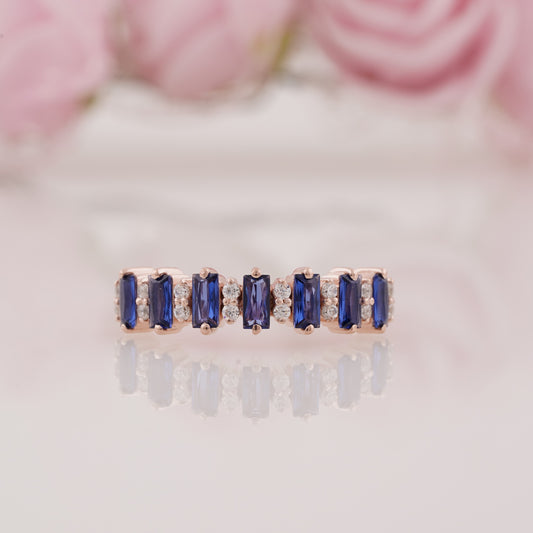 Baguette Cut Sapphire and Round Moissanite Half Eternity Wedding Band