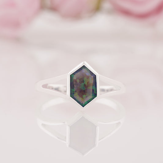 Unique Hexagon Cut Black Opal Engagement Ring