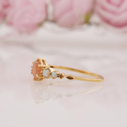 Round Cut Sunstone and Side Opal Engagement Ring