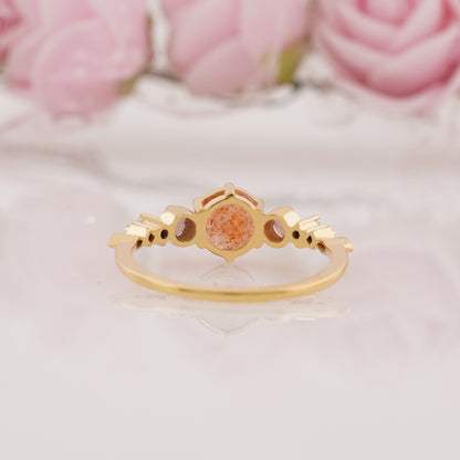 Round Cut Sunstone and Side Opal Engagement Ring