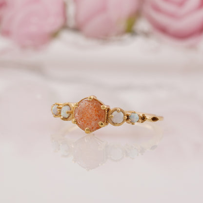Round Cut Sunstone and Side Opal Engagement Ring