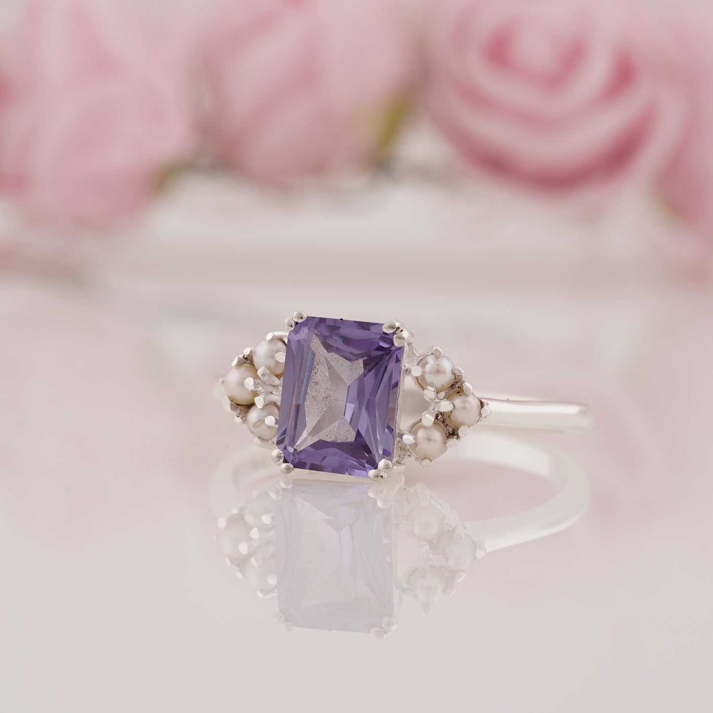 Radiant Cut Lab Grown Alexandrite and Side Pearl Engagement Ring