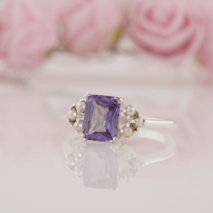 Radiant Cut Lab Grown Alexandrite and Side Pearl Engagement Ring