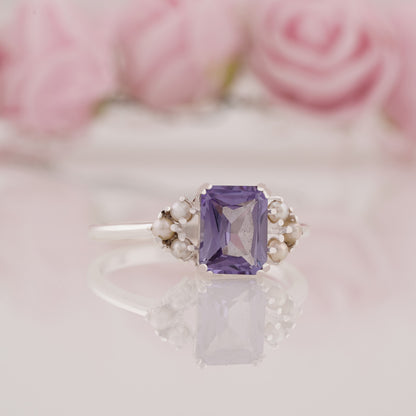 Radiant Cut Lab Grown Alexandrite and Side Pearl Engagement Ring