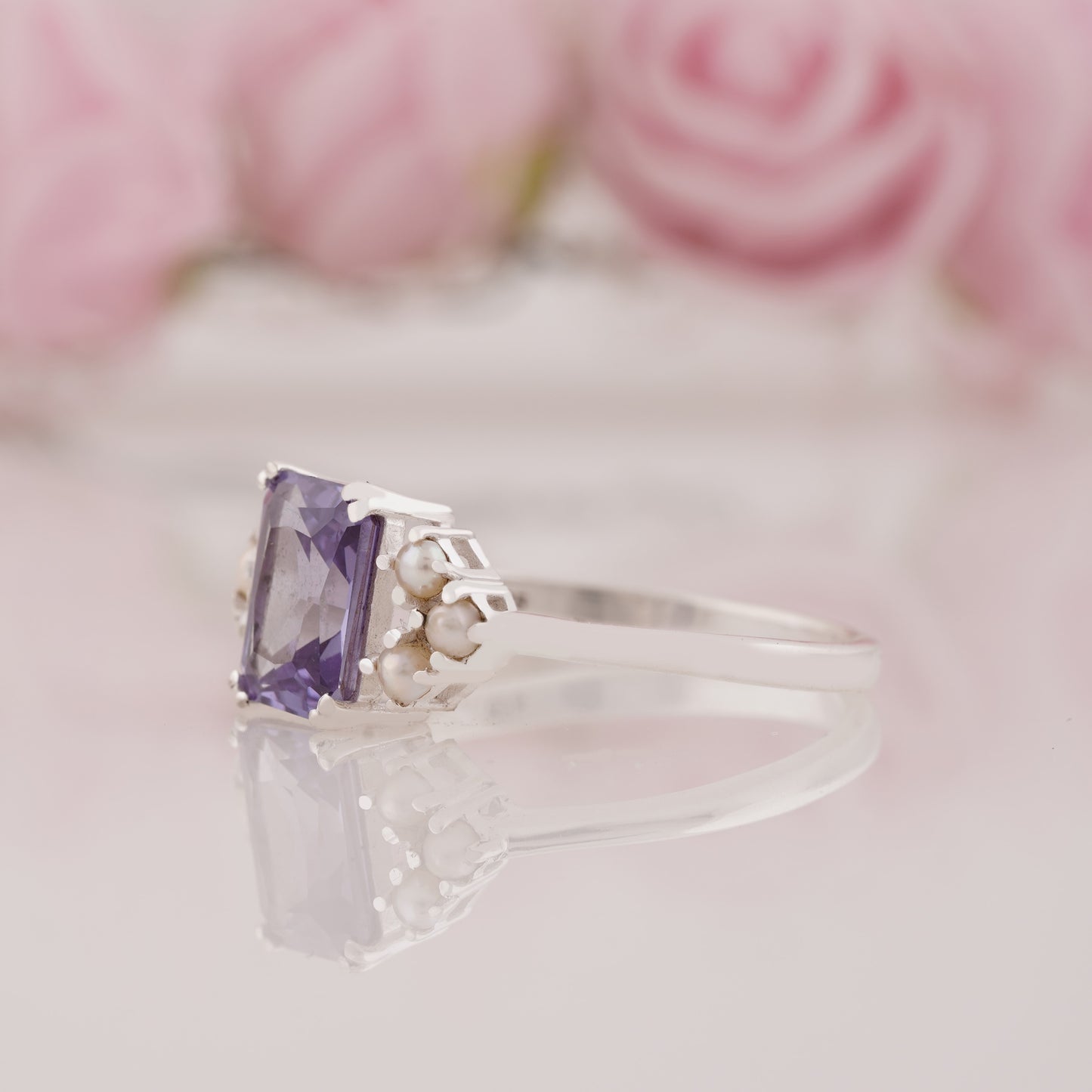 Radiant Cut Lab Grown Alexandrite and Side Pearl Engagement Ring