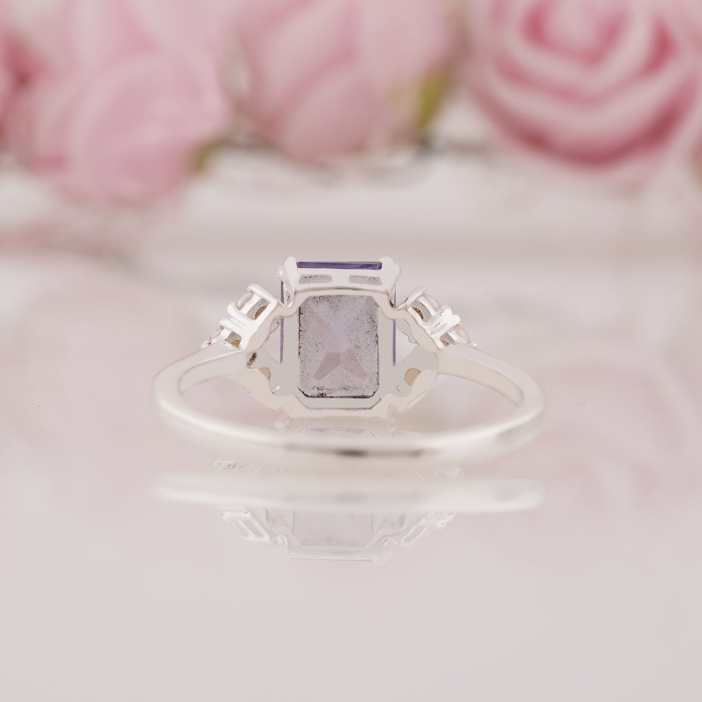 Radiant Cut Lab Grown Alexandrite and Side Pearl Engagement Ring