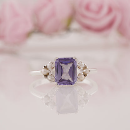 Radiant Cut Lab Grown Alexandrite and Side Pearl Engagement Ring