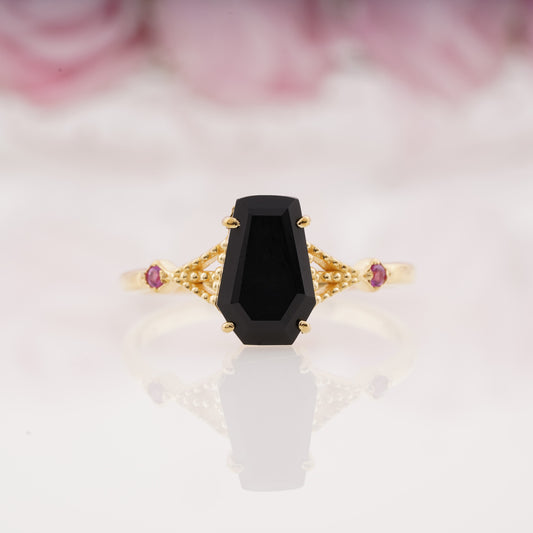 Coffin Shape Lab Grown Black Onyx Engagement Ring