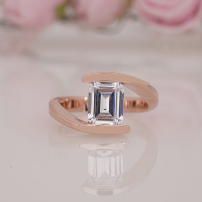 Solitaire Emerald-Shaped Moissanite Bypass Engagement Ring