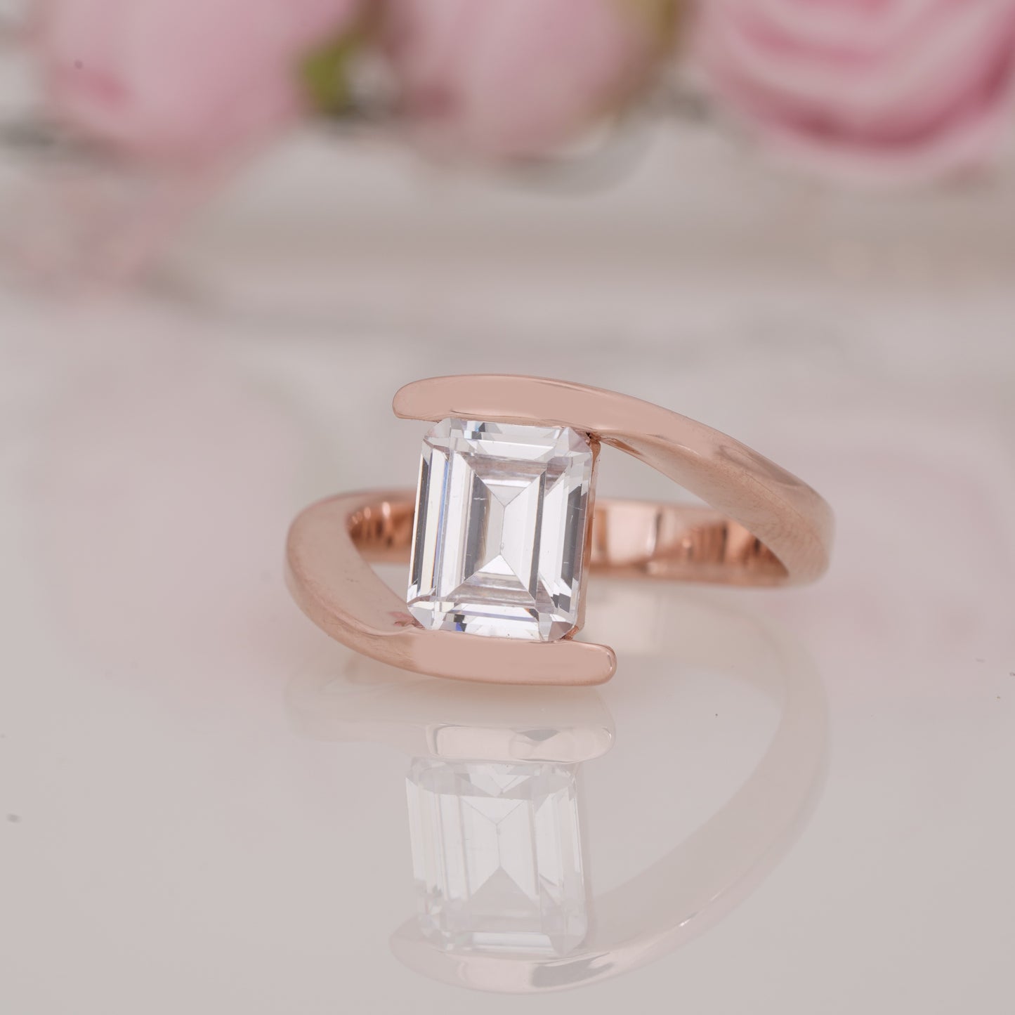 Solitaire Emerald-Shaped Moissanite Bypass Engagement Ring