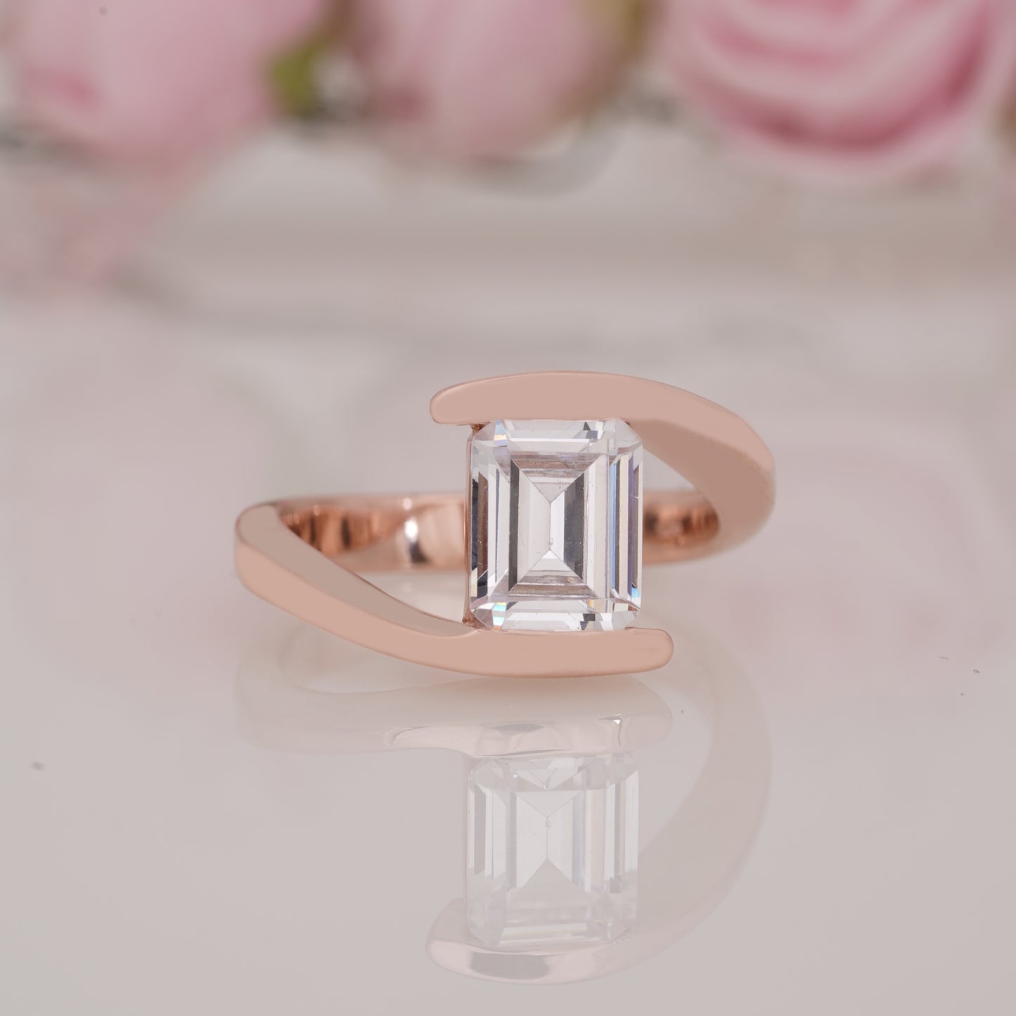 Solitaire Emerald-Shaped Moissanite Bypass Engagement Ring