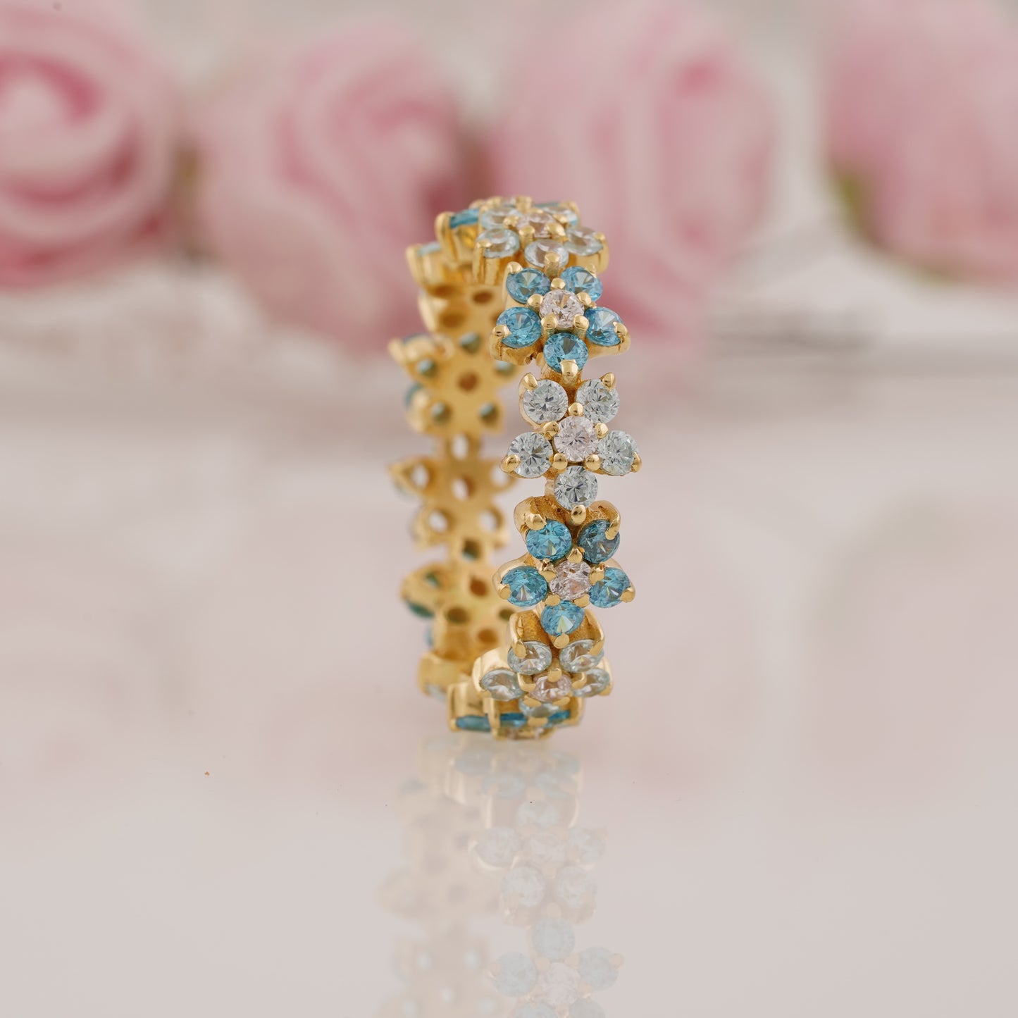 Stunning Aquamarine and Moissanite Flower Full Eternity Band