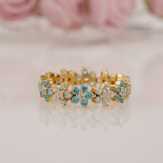 Stunning Aquamarine and Moissanite Flower Full Eternity Band