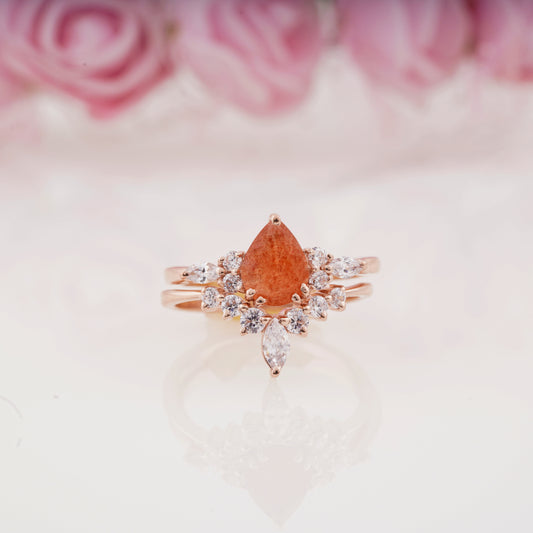 Pear Sunstone Ring and Moissanite Curved Wedding Band Engagement Ring Set