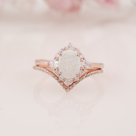 Oval Cut Lab Grown Opal Ring with Round Moissanite Curved Band Engagement Ring Set