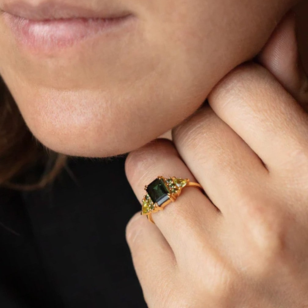 Stunning Emerald-Cut Green Tourmaline with Trillion-Cut Side Stone Cluster Engagement Ring