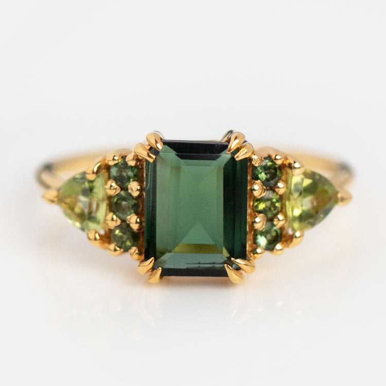 Stunning Emerald-Cut Green Tourmaline with Trillion-Cut Side Stone Cluster Engagement Ring