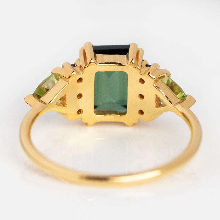 Stunning Emerald-Cut Green Tourmaline with Trillion-Cut Side Stone Cluster Engagement Ring