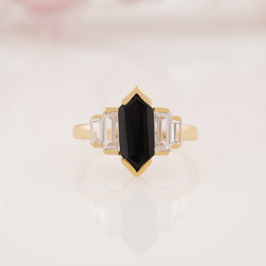 Hexagon Onyx Engagement Ring with Half Bezel Setting & Side Moissanite Accents