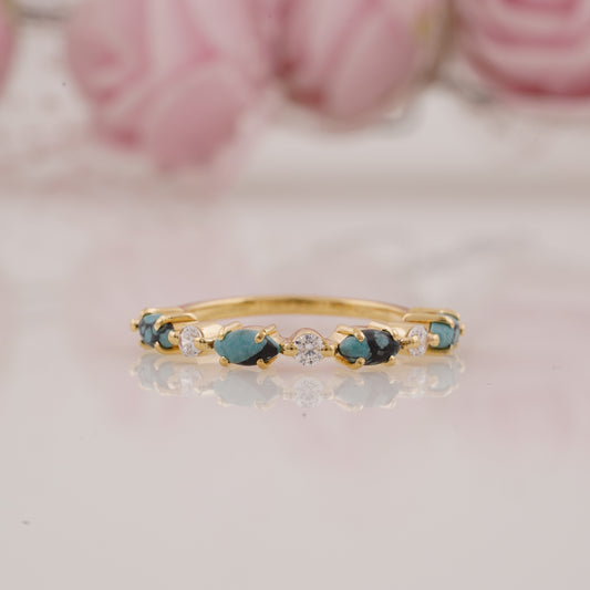 Elegant Marquise Turquoise & Round Moissanite Wedding Band