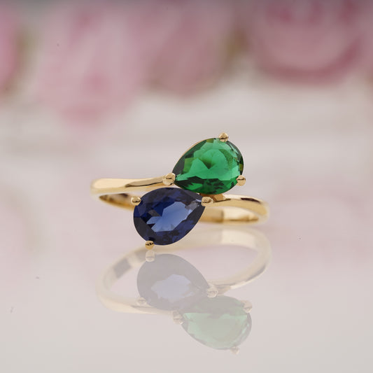 Toi et Moi Pear Shaped Emerald And Blue Sapphire Ring