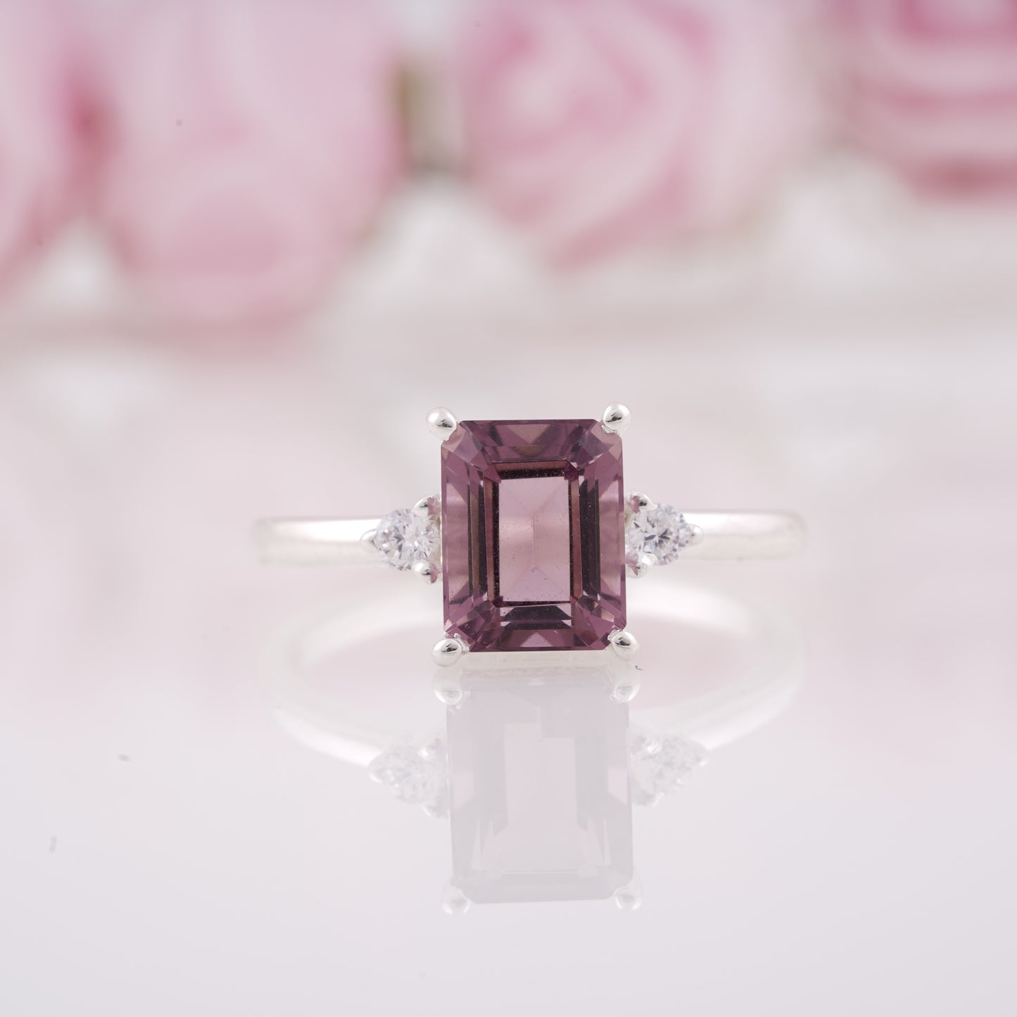 Lab Grown Emerald Cut Tourmaline Engagement Ring with Side Moissanite
