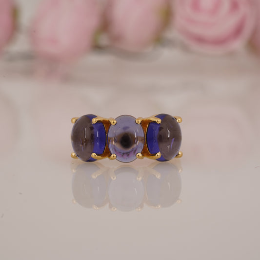 Elegant Lab-Grown Oval Shape Blue Tanzanite Three Stone Ring