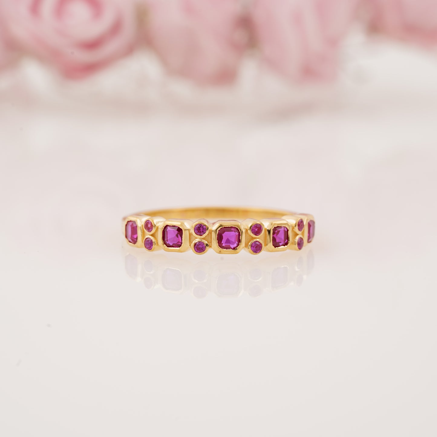Elegant Lab-Grown Princess Cut Ruby Full Eternity Wedding Band
