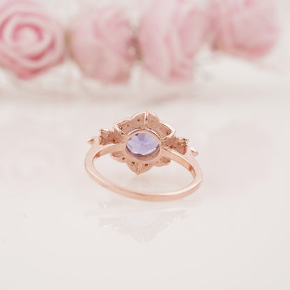 Vintage-Inspired Round Alexandrite Engagement Ring with Side Round Moissanite Accents